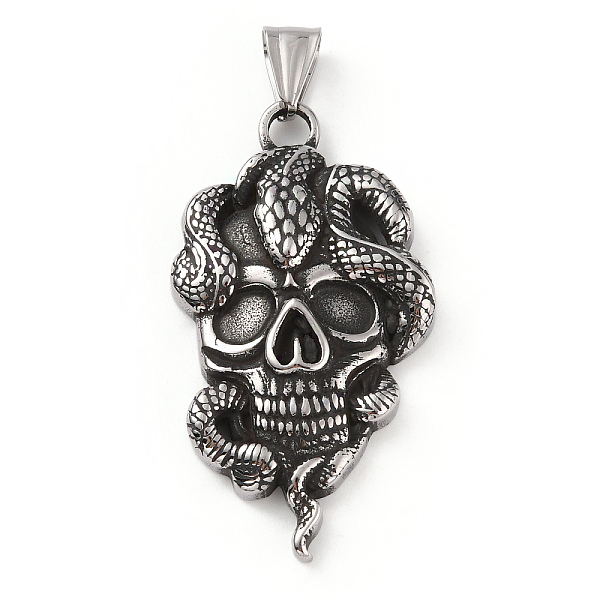

PandaHall 304 Stainless Steel Big Pendants, with 201 Stainless Steel Snap on Bails, Skull with Snake Charms, Antique Silver, 51x28x6mm, Hole...