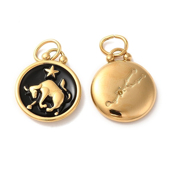 

PandaHall Ion Plating(IP) 304 Stainless Steel Enamel Pendants, with Jump Ring, Flat Round with Constellation, Golden, Taurus..., Black