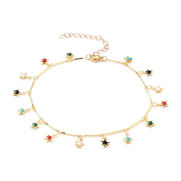 

PandaHall Brass Enamel Star Charm Anklets, with Brass Bar Link Chains and 304 Stainless Steel Lobster Claw Clasps, Colorful, Golden, 9-5/8...