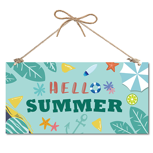 PandaHall Printed Natural Wood Hanging Wall Decorations, for Front Door Home Decoration, Rectangle with Hello summer, Word, 15x30x0.5cm Wood...