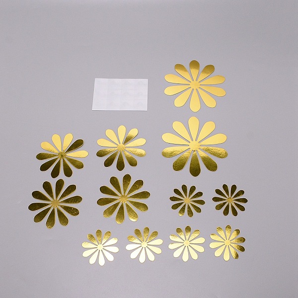 

PandaHall PVC Flower Wall Stickers, with Glue Stickers, for Home Decoration, Gold, 6~12x0.2mm and 101x72mm Plastic Flower Gold