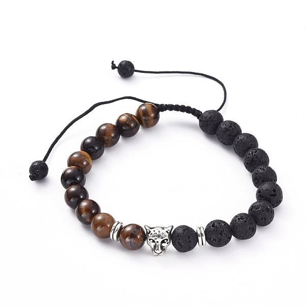 

PandaHall Natural Lava Rock & Tiger Eye Beads Adjustable Braided Bracelets, with Tibetan Style Alloy Beads, Leopard, Antique Silver, 2-3/8...