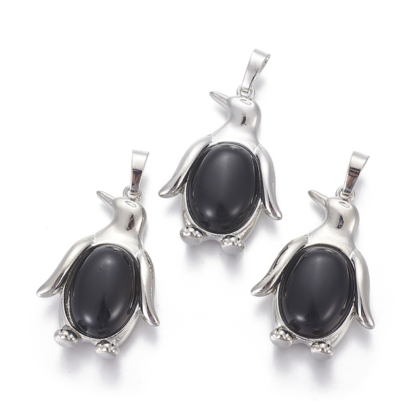 

PandaHall Natural Black Agate Pendants, with Brass Findings, Penguin, Platinum, 34~35x24~25x5~8mm, Hole: 8x5mm Natural Agate Penguin Black