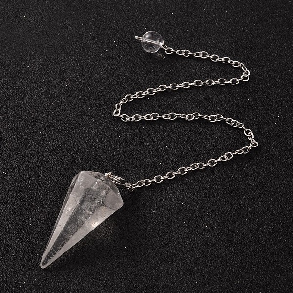 

PandaHall Platinum Tone Brass Crystal Cone Hexagonal Pointed Dowsing Pendulums, with Lobster Claw Clasps, 230x3mm Quartz Crystal Cone