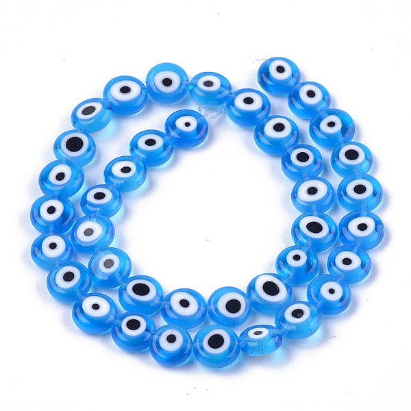 

PandaHall Handmade Evil Eye Lampwork Beads Strands, Flat Round, Deep Sky Blue, 9.5x3.5mm, Hole: 1.2mm, about 38pcs/strand, 14.1 inch~14.5...