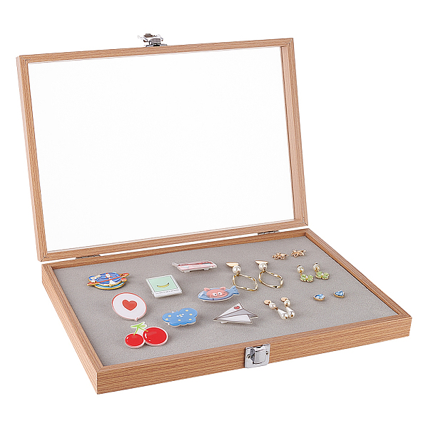

PandaHall Wood Presentation Boxes for Badge Storage and Display, with Glass Window and Iron Clasp, Rectangle, Light Grey, 35x24.7x5.05cm..., Clear