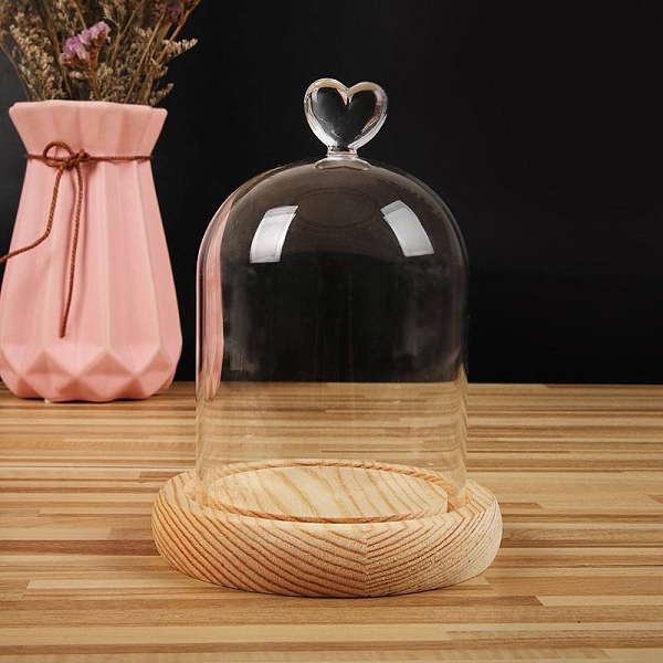 

PandaHall Heart Shaped Top Clear Glass Dome Cover, Decorative Display Case, Cloche Bell Jar Terrarium with Wood Base, BurlyWood, 90x140mm..., Orange