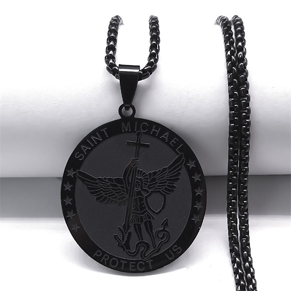 

PandaHall Stainless Steel Box Chain Necklace for Men, St.Michael Cathedral Medal Pendant Necklaces Stainless Steel