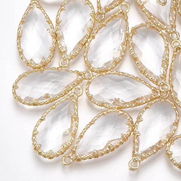 

PandaHall Glass Pendants, with Brass Findings, Faceted, teardrop, Golden, Clear, 25.5x12.5x4.5mm, Hole: 1.5mm Brass+Glass Teardrop Clear