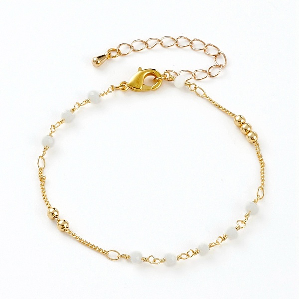 

PandaHall Faceted Glass Beaded Bracelets, with Brass Beads and Lobster Claw Clasps, Round, Real 18K Gold Plated, White, 7-1/4 inch(18.3cm)...