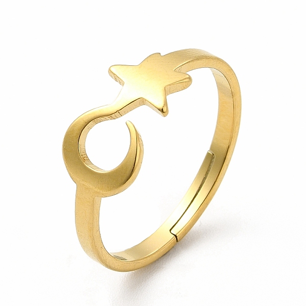

PandaHall Ion Plating(IP) 304 Stainless Steel Star and Moon Adjustable Ring for Women, Real 18K Gold Plated, US Size 6 1/4(16.7mm) 304...