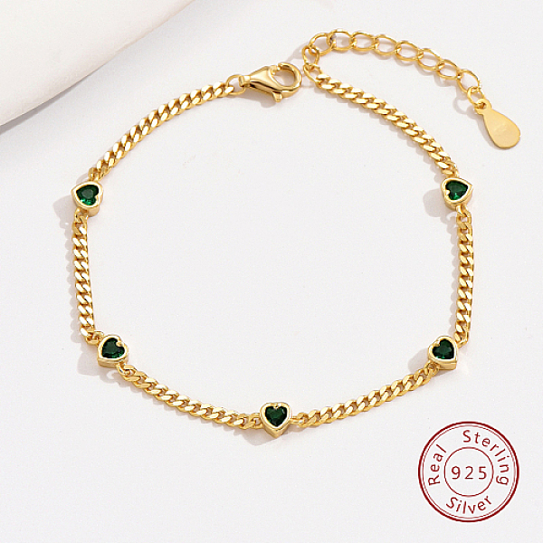 

PandaHall Cubic Zirconia Heart Link Chain Bracelets with 925 Sterling Silver Curb Chains, Golden, 6-1/2 inch(16.5cm) Sterling Silver Heart..., Green