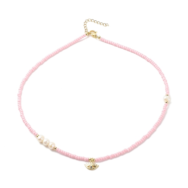 

PandaHall Brass Evil Eye Pendant Necklace with Cubic Zirconia, Glass Seed & Natural Pearl Beaded Necklace for Women, Pink, 16.85 inch...