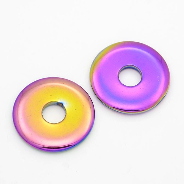 

PandaHall Electroplated Non-magnetic Synthetic Hematite Pendants, Donut/Pi Disc, Rainbow Plated, Donut Width: 14.5mm, 40x5mm, Hole: 11mm...