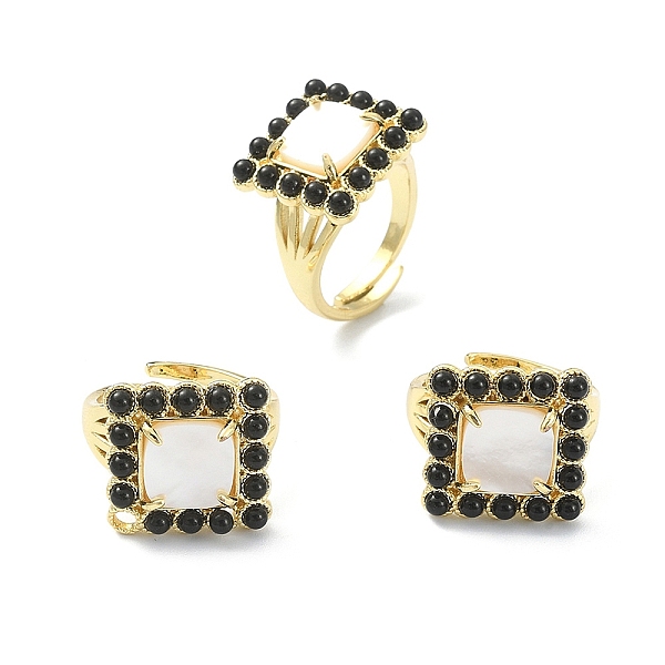 

PandaHall Natural Black Agate & Shell Rectangle Adjustable Ring, Real 18K Gold Plated Brass Wide Ring for Women, Inner Diameter: 17mm Black...