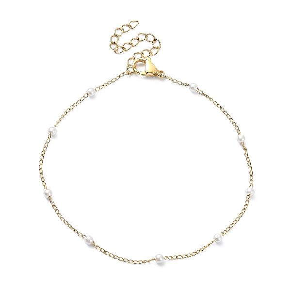

PandaHall Glass Pearl Beaded Chain Anklet with Curb Chains, Ion Plating(IP) 316 Surgical Stainless Steel Jewelry, Real 18K Gold Plated..., White