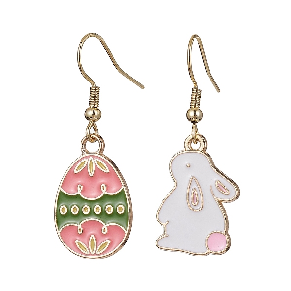 

PandaHall Easter Themed Alloy Enamel Dangle Earrings, Rabbit & Egg Asymmetrical Earrings, Olive Drab, 37.5~38.5x14mm Alloy Rabbit