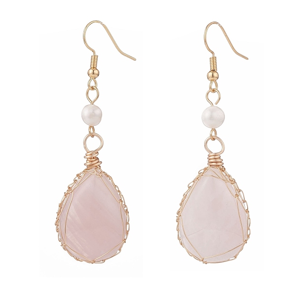 

PandaHall Natural Rose Quartz Teardrop Dangle Earrings with Natural Pearl, Brass Wire Wrap Drop Earrings for Women, Golden, 62mm, Pin: 0.6mm...