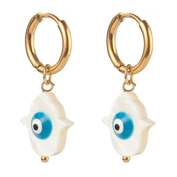 

PandaHall 304 Stainless Steel Huggie Hoop Earrings, with Natural Shell Beads, Hamsa Hand with Evil Eye, Dodger Blue, Golden, 31mm, Pin: 1mm..., White