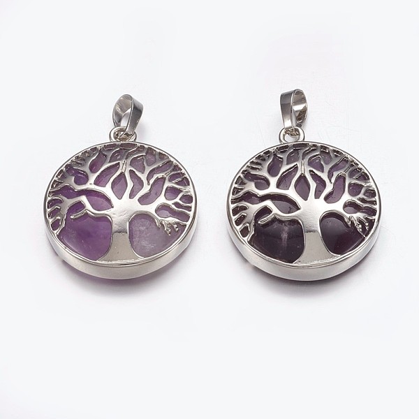 

PandaHall Natural Amethyst Pendants, with Brass Finding, Flat Round with Tree of Life, Platinum, 31x27x6mm, Hole: 5x8mm Amethyst Flat Round