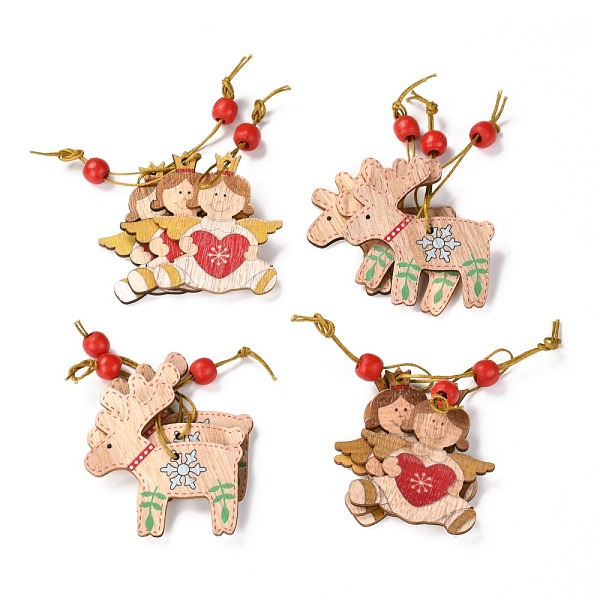 

PandaHall Christmas Theme Wood Big Pendant Decorations, with Hemp Rope and Wood Beads, Reindeer/Stag & Angel, Mixed Color, 103~117mm..., Multicolor