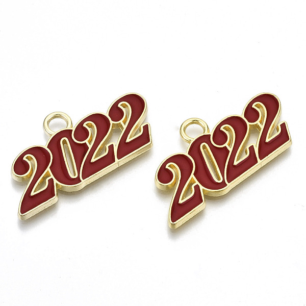 

PandaHall Alloy Enamel Pendants, Cadmium Free & Lead Free, New Year 2022, Golden, FireBrick, 19x38x2mm, Hole: 4mm Alloy+Enamel Number Red