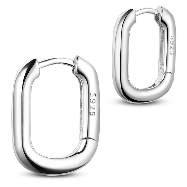 

PandaHall SHEGRACE Rhodium Plated 925 Sterling Silver Hoop Earrings, with S925 Stamp, Oval, Platinum, 14x10.8mm Sterling Silver