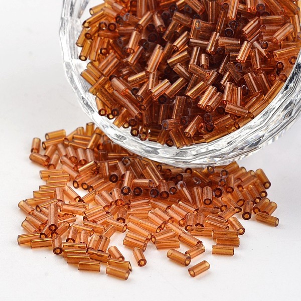 

PandaHall Transparent Colours Round Hole Glass Bugle Beads, Sienna, 3~5x1.8~2mm, Hole: 0.8mm, about 12000pcs/450g Glass Brown