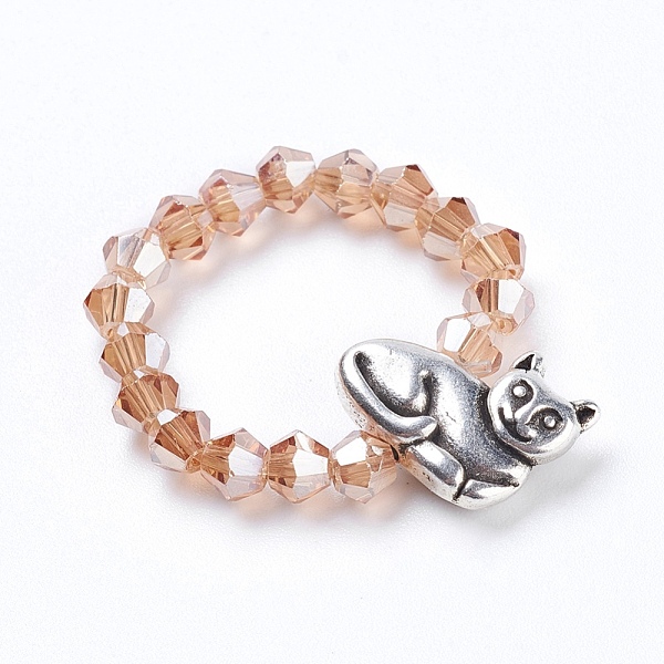 

PandaHall Electroplate Faceted Glass Beads Rings, with Alloy Beads, Cat Shape, PeachPuff, Size 8, 18mm Glass Brown