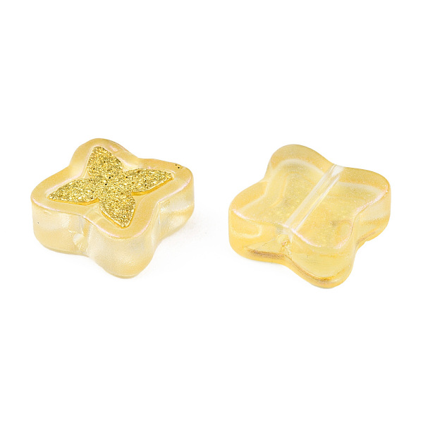 

PandaHall Transparent Spray Painted Glass Beads, with Glitter Powder and Golden Plated Brass Findings, Flower, Yellow, 11x11x4.5mm, Hole...