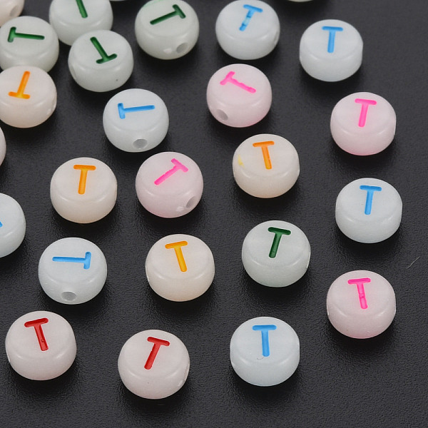 

PandaHall Acrylic Beads, Glow in the Dark, with Enamel and Luminous, Horizontal Hole, Flat Round with Alphabet, Letter.T, 6.5x7x4mm, Hole..., Multicolor