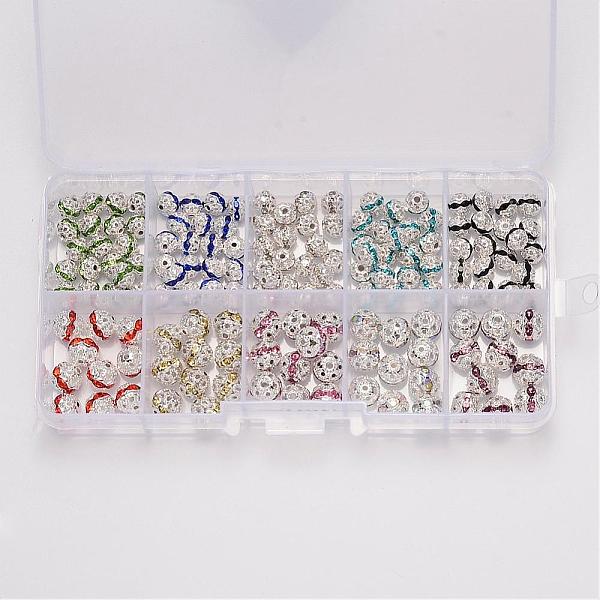

PandaHall Brass Grade A Rhinestone Beads, Silver Color Plated, Mixed Color, 6~8mm, Hole: 1mm, 150pcs/box Brass+Rhinestone Round Multicolor
