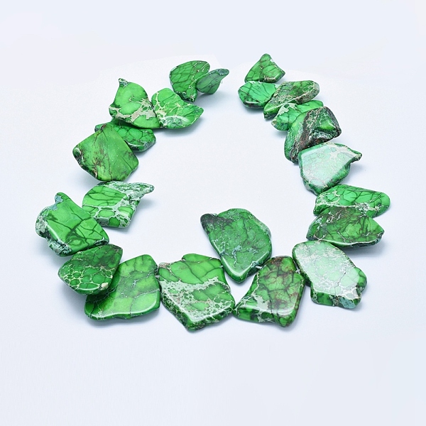 

PandaHall Natural Imperial Jasper Beads Strands, Flat Slab Beads, Dyed, Nuggets, Green, 16~65x12~50x4~8mm, Hole: 1~1.5mm, about...