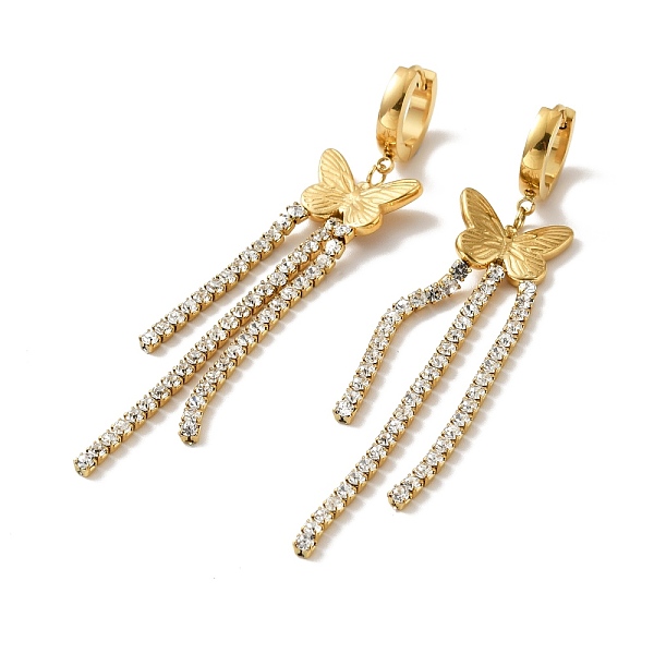 

PandaHall Crystal Rhinestone Butterfly with Tassel Long Dangle Hoop Earrings, Ion Plating(IP) 304 Stainless Steel Jewelry for Women, Golden..., Clear