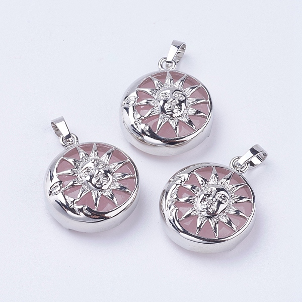 

PandaHall Natural Rose Quartz Pendants, with Brass Findings, Flat Round with Sun, Platinum, 28x24x9~10mm, Hole: 5x7mm Rose Quartz Flat Round