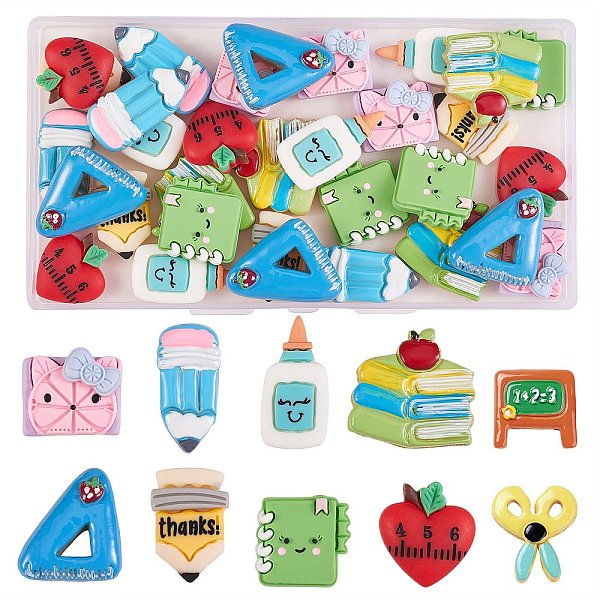 PandaHall 40Pcs 10 Style Opaque Resin Cabochons, Pencil & Book & Ruler, Mixed Shape, Mixed Color, 19~31x15~27x5~8mm, 4pcs/style Resin Mixed...