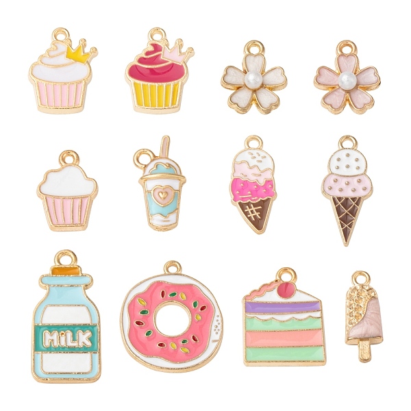 

PandaHall 12 Style Alloy Enamel Pendants, Cupcake & Cake & Ice-cream & Milkshake & Bottle & Doughnut & Sakura Flower, Light Gold, Mixed..., Multicolor