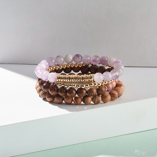 

PandaHall Natural Rhodonite & Chevron Amethyst & Wood Beads Stretch Bracelets Set for Women, Inner Diameter: 2-1/4 inch(5.6~5.8cm), 4pcs/set..., Multicolor