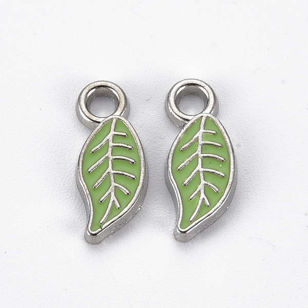

PandaHall Rack Plating Alloy Enamel Peantants, Cadmium Free & Lead Free, Platinum, Leaf, Light Green, 17x7x2mm, Hole: 2mm Alloy+Enamel Leaf