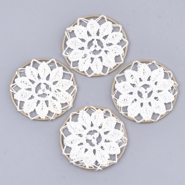 

PandaHall Polycotton(Polyester Cotton) Woven Pendant Decorations, with Brass Findings, Flat Round with Flower, Light Gold, White, 35x1mm...