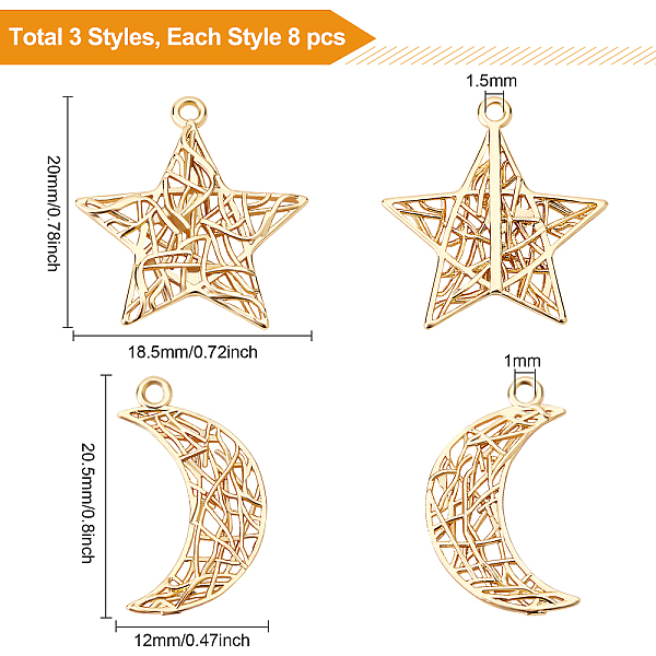 

PandaHall BENECREAT 16Pcs 2 Style Brass Pendants, Long-Lasting Plated, Star & Moon, Real 18K Gold Plated, 20x18.5x1.5mm, Hole: 1.4mm Brass...