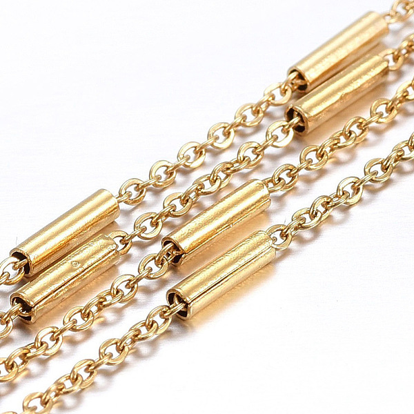 

PandaHall Handmade Ion Plating(IP) 304 Stainless Steel Cable Chains, Soldered, with Spool, Column Beads, Flat Oval, Golden, 2mm, about 32.8...