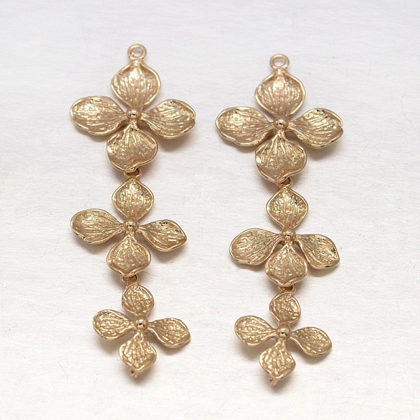 

PandaHall Flower Light Gold Rack Plating Brass Pendants, 42x15x3mm, Hole: 1mm Brass Flower
