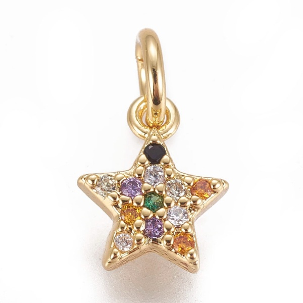 

PandaHall Brass Micro Pave Cubic Zirconia Charms, Star, Colorful, Golden, 8.5x7x2mm, Hole: 3mm Brass+Cubic Zirconia Star