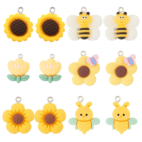 

PandaHall 12Pcs 6 Styles Opaque Resin Pendants, Flower & Bees Charms, with Platinum Tone Iron Loops, Mixed Color, 20~25x14~24x6~8.5mm, Hole..., Multicolor