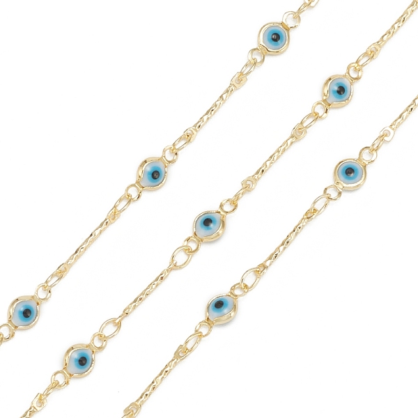 

PandaHall Handmade Brass Bar Link Chains, with Glass Charms and Spool, Soldered, Long-Lasting Plated, Evil Eye, Golden, Blue, 12.5x2x1mm...