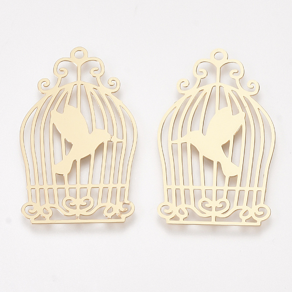 

PandaHall Brass Pendants, Etched Metal Embellishments, Birdcage, Light Gold, 35x21x0.3mm, Hole: 1.6mm Brass Others