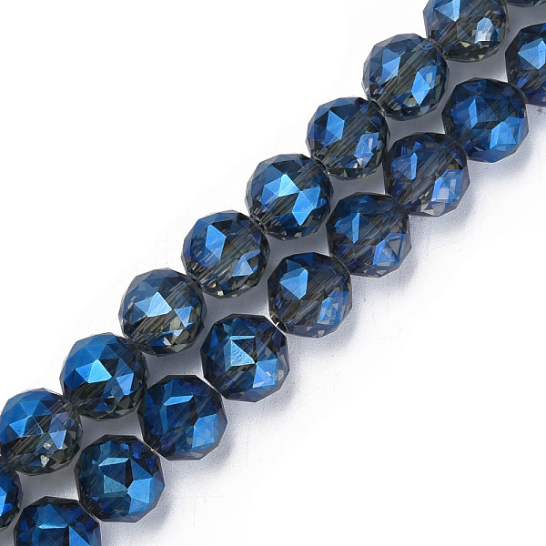 

PandaHall Electroplate Transparent Glass Beads Strands, Half Plated, Faceted, Round, Medium Blue, 12x11mm, Hole: 1.2mm, about 50pcs/strand...