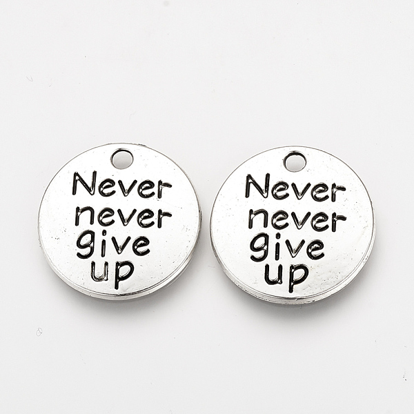 

PandaHall Tibetan Style Alloy Pendants, Inspirational Message Pendants, Flat Round with Phrase Never Give Up, Cadmium Free & Nickel Free &...