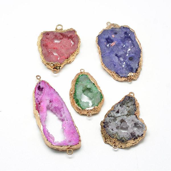 

PandaHall Natural Druzy Agate Links connectors, with Brass Findings, Dyed, Nuggets, Golden, Mixed Color, 40~70x25~50x6~12mm, Hole: 1.5~3mm..., Multicolor